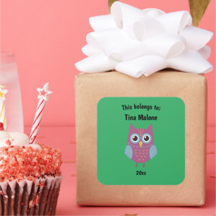 This Belongs to Back to School Purple Owl Green Square Sticker