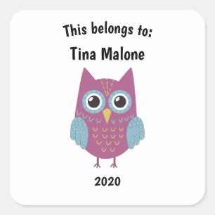 This Belongs to Back to School Purple Owl White Square Sticker