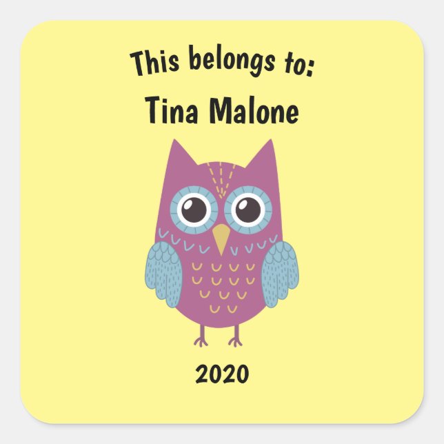 This Belongs to Back to School Purple Owl Yellow Square Sticker (Front)