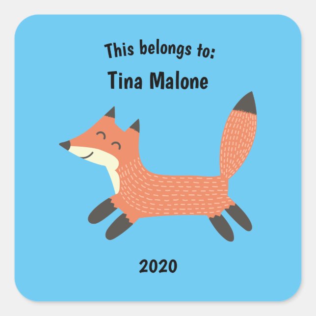 This Belongs to Back to School Running Fox Blue Square Sticker (Front)