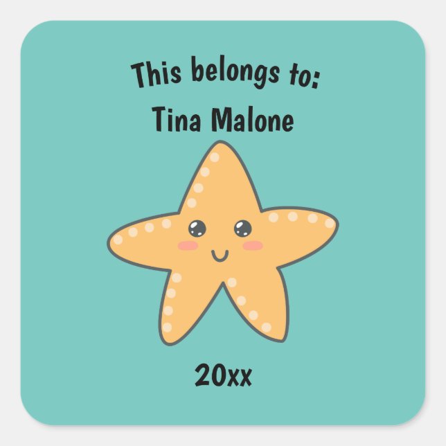 This Belongs to Back to School Starfish Turquoise Square Sticker (Front)