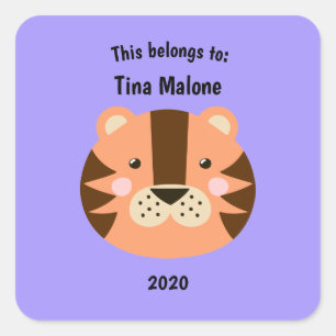 This Belongs to Back to School Tiger Face Purple Square Sticker