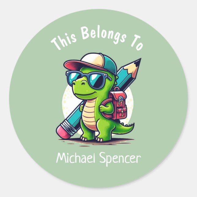 This Belongs To Cute Boys Dinosaur Green Classic Round Sticker (Front)