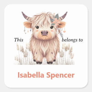 This Belongs To Cute Modern Highland Cow Square Sticker