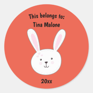 This Belongs to Name Bunny Rabbit Red School Classic Round Sticker