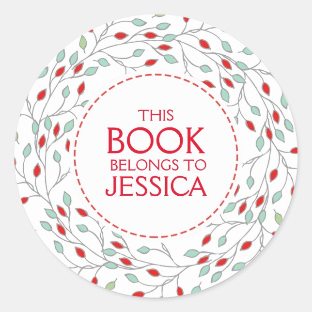 This Book Belongs Christmas Floral Wreath Classic Round Sticker (Front)
