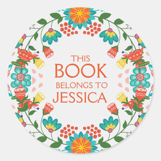 This Book Belongs Floral Wreath Classic Round Sticker (Front)