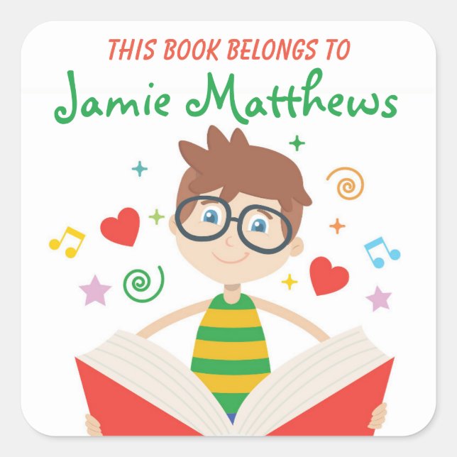 This Book Belongs To Cartoon Boy Reading Square Sticker (Front)