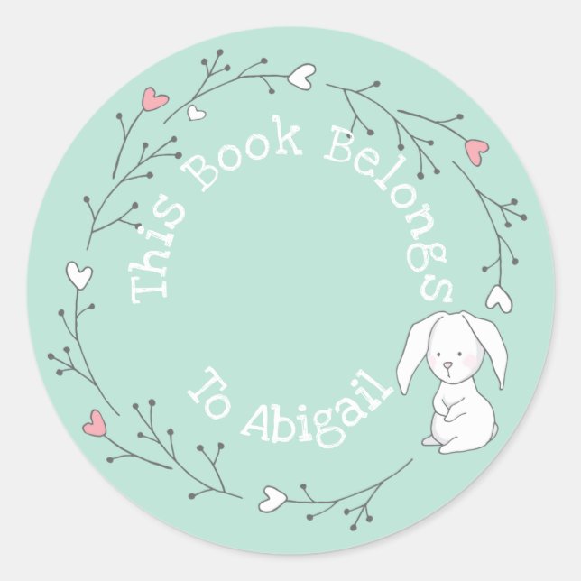 This Book Belongs To - Cute Bunny in a Wreath Kids Classic Round Sticker (Front)
