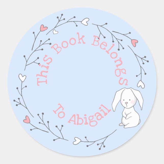 This Book Belongs To - Cute Bunny in a Wreath Kids Classic Round Sticker (Front)