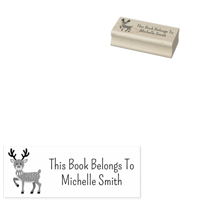 This Book Belongs To, Cute Deer, Personalized Rubber Stamp (Stamped)