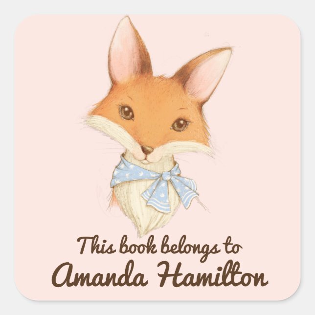 THIS BOOK BELONGS TO CUTE FOX WITH BLUE DOTTED BOW SQUARE STICKER (Front)