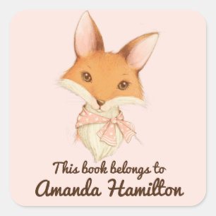 THIS BOOK BELONGS TO CUTE FOX WITH PINK DOTTED BOW SQUARE STICKER