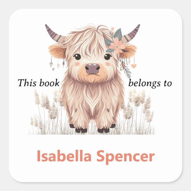 This Book Belongs To Cute Modern Highland Cow Square Sticker (Front)
