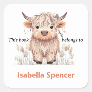 This Book Belongs To Cute Modern Highland Cow Square Sticker
