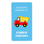 This book belongs to dump truck bookplate labels<br><div class="desc">This book belongs to kids dump truck book labels. Personalized school supplies for children. Cute dumptruck toy design for boys and girls in grammar or elementary school. Add your own name to this template sticker with construction vehicle. Custom colour background.</div>