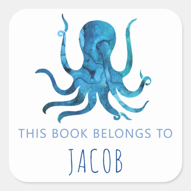 This Book Belongs To Kids Octopus Nautical Blue Square Sticker (Front)