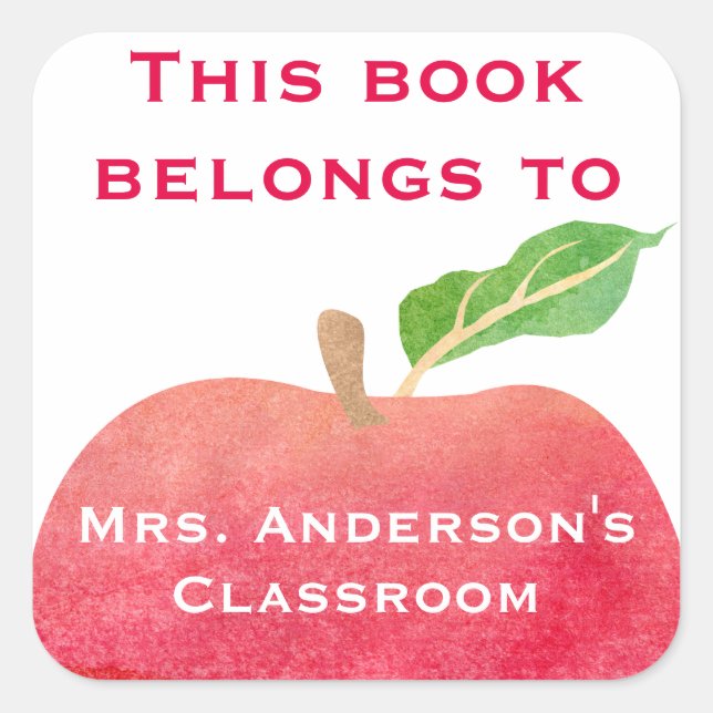This Book Belongs To Personalized Classroom Apple Square Sticker (Front)