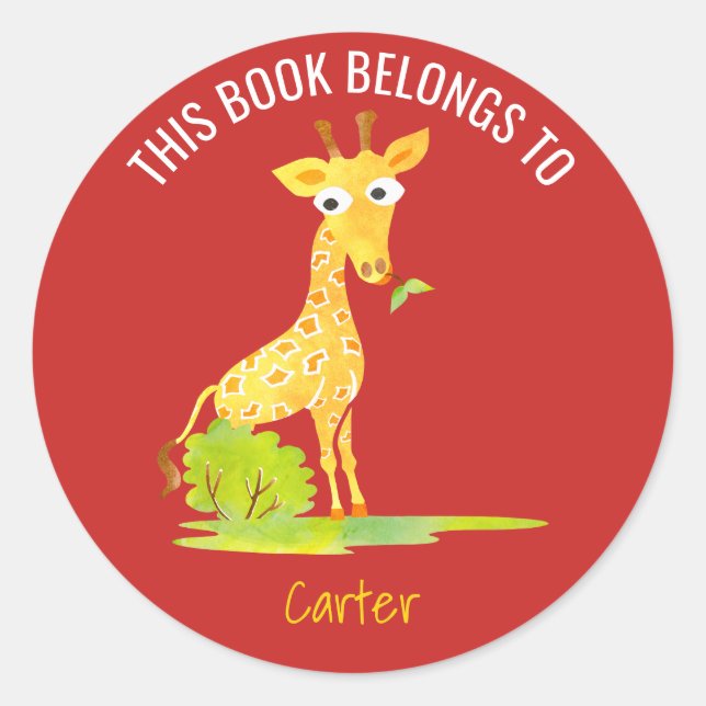 This Book Belongs To Personalized Kids Giraffe Red Classic Round Sticker (Front)
