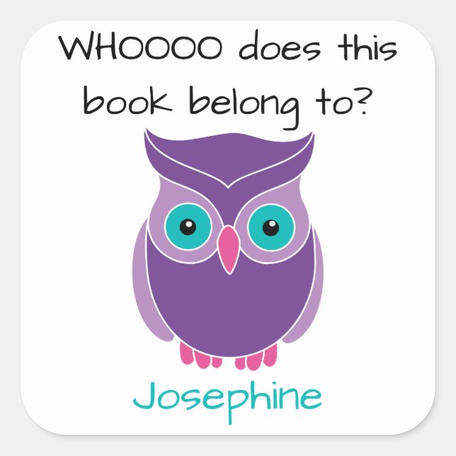This Book Belongs To Personalized Purple Owl Kids Square Sticker (Front)