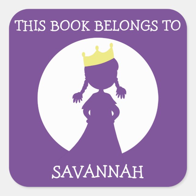 This Book Belongs To Personalized Purple Princess Square Sticker (Front)