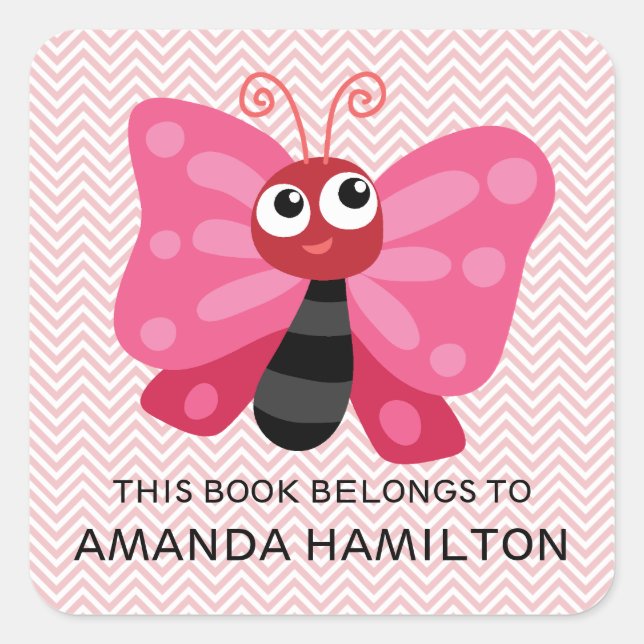 THIS BOOK BELONGS TO PINK CUTE BUTTERFLY SQUARE STICKER (Front)