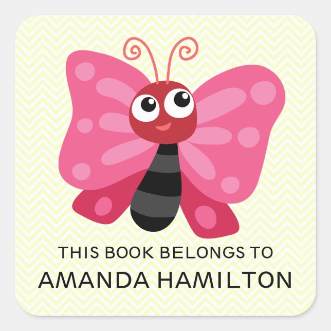 THIS BOOK BELONGS TO PINK CUTE BUTTERFLY Yellow Square Sticker (Front)