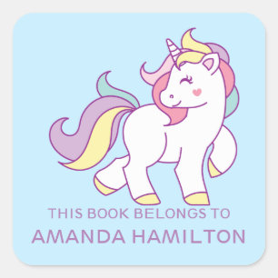THIS BOOK BELONGS TO PINK CUTE UNICORN Pale blue Square Sticker