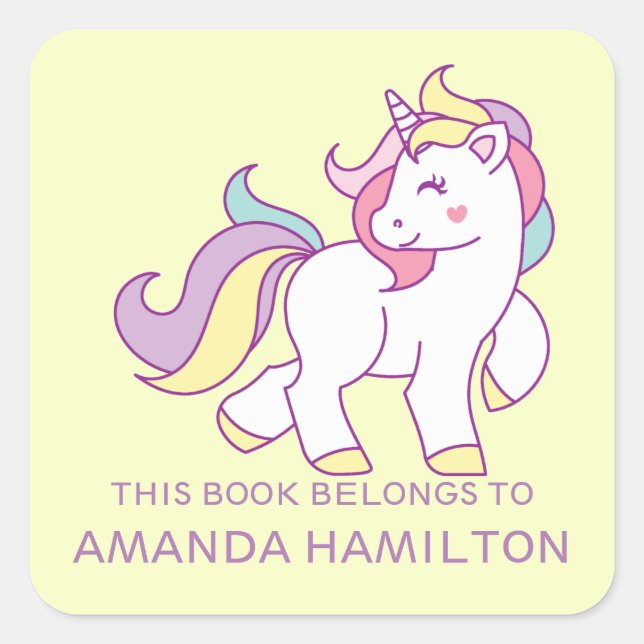 THIS BOOK BELONGS TO PINK CUTE UNICORN Yellow Square Sticker (Front)