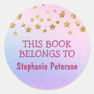 This Book Belongs To - Pink Glitter Gold Stars Classic Round Sticker