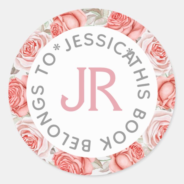 This Book Belongs To Pink Roses Wreath Classic Round Sticker (Front)