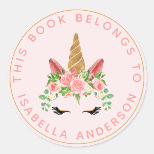 This Book Belongs To Pink Unicorn Bookplate Classic Round Sticker