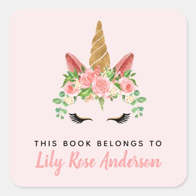 This Book Belongs To Pink Unicorn Bookplate Square Sticker (Front)