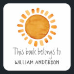 This Book Belongs To- Sunshine Personalized  Square Sticker<br><div class="desc">Whimsical yellow sunshine sticker. Customizable.</div>
