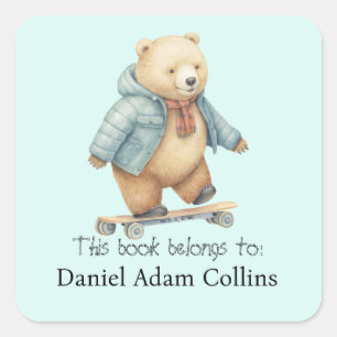 This book belongs to Teddy bear on skate board Square Sticker
