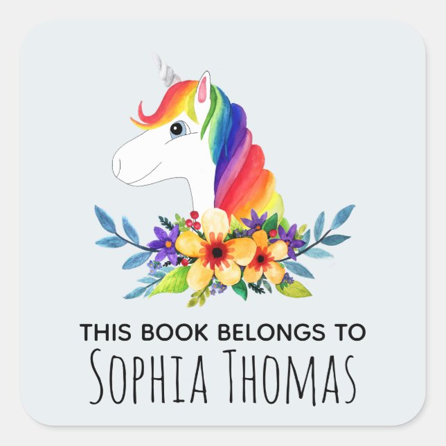 'This Book Belongs' Unicorn Name Kids Bookplate Square Sticker (Front)