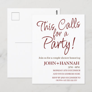 This Calls For a Party Funny Co-ed Couple Shower Postcard