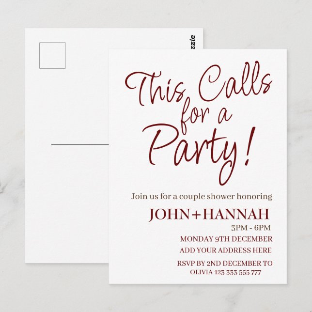  This Calls For a Party Funny Co-ed Couple Shower  Postcard (Front/Back)