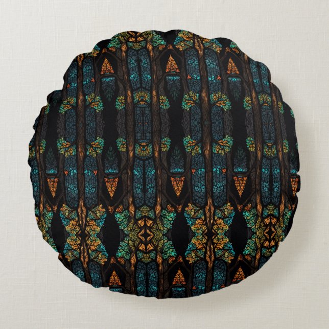 This captivating artwork features a stained glass  round pillow (Front)
