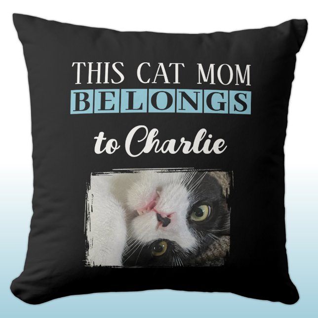 This cat mom belongs to name photo black blue throw pillow (Creator Uploaded)