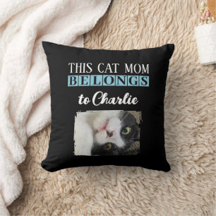 This cat mom belongs to name photo black blue throw pillow