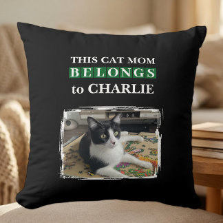 This cat mom belongs to name photo black green throw pillow