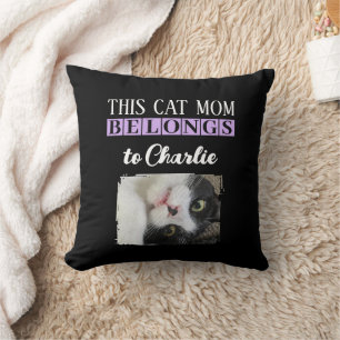 This cat mom belongs to name photo black purple throw pillow