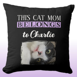 This cat mom belongs to name photo black purple throw pillow