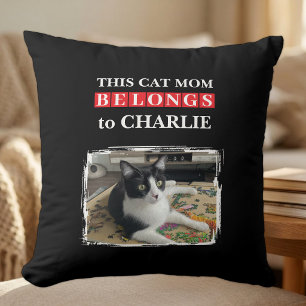 This cat mom belongs to name photo black red throw pillow