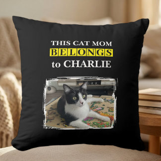 This cat mom belongs to name photo black yellow throw pillow