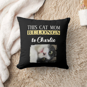 This cat mom belongs to name photo black yellow throw pillow