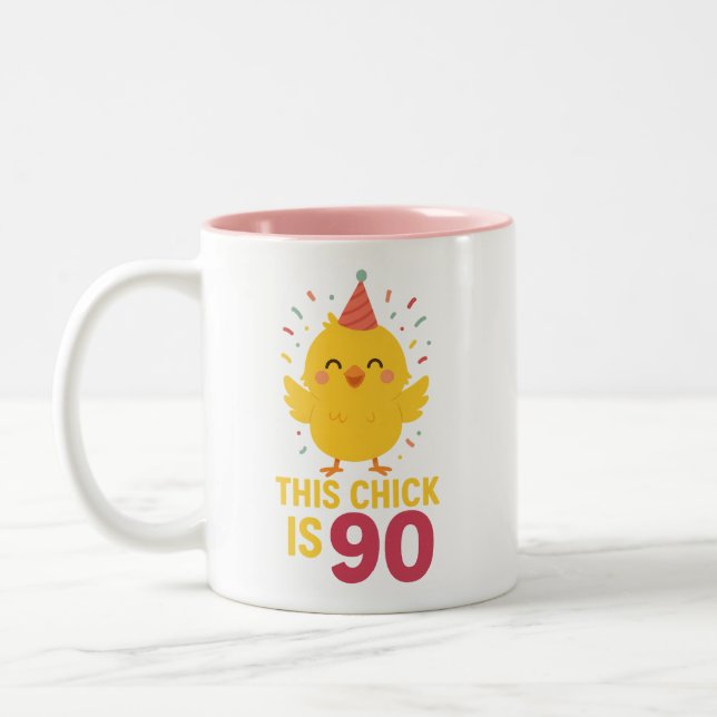 This Chick is 90 Cute & Fun Birthday Two-Tone Coffee Mug (Left)
