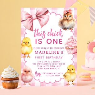 This Chick Is One Pink Chicken 1st Birthday Party Invitation
