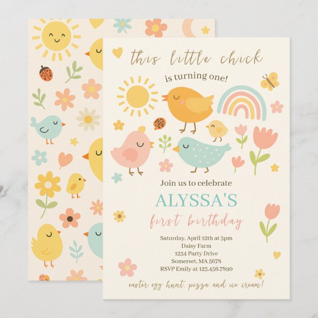 This Chick Is Turning One Spring Farm 1st Birthday Invitation (Front/Back)